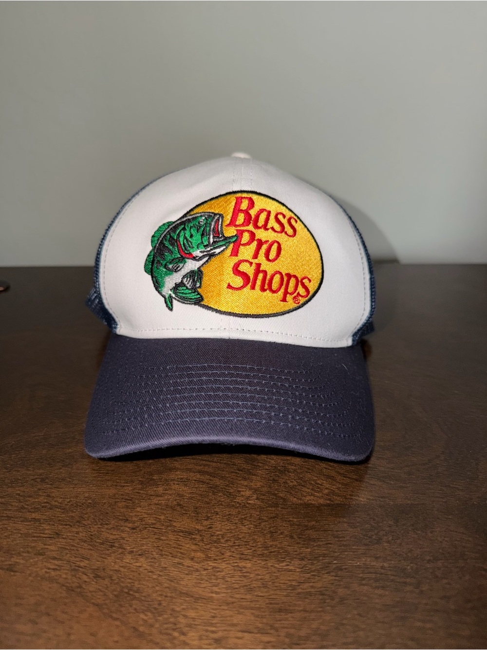 Bass Pro Shops White Front Navy Bill Fishing Logo Trucker Hat